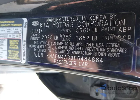 2015 Kia Rio Lx из США, поврежденный, VIN KNADM4A33F6484884